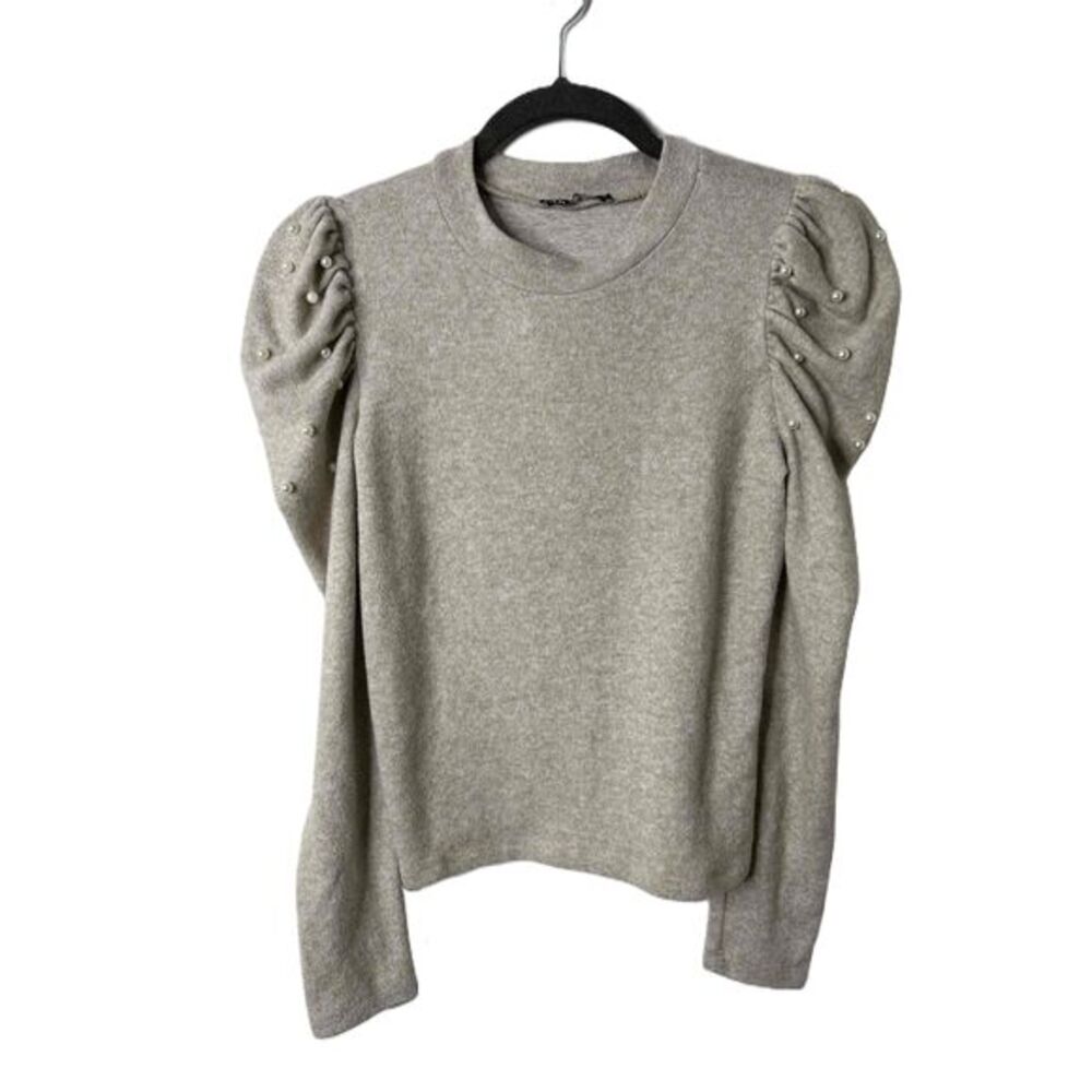 Zara Sweater Womens Size Small Cream Puff Sleeve Pearl Embellished Pullover